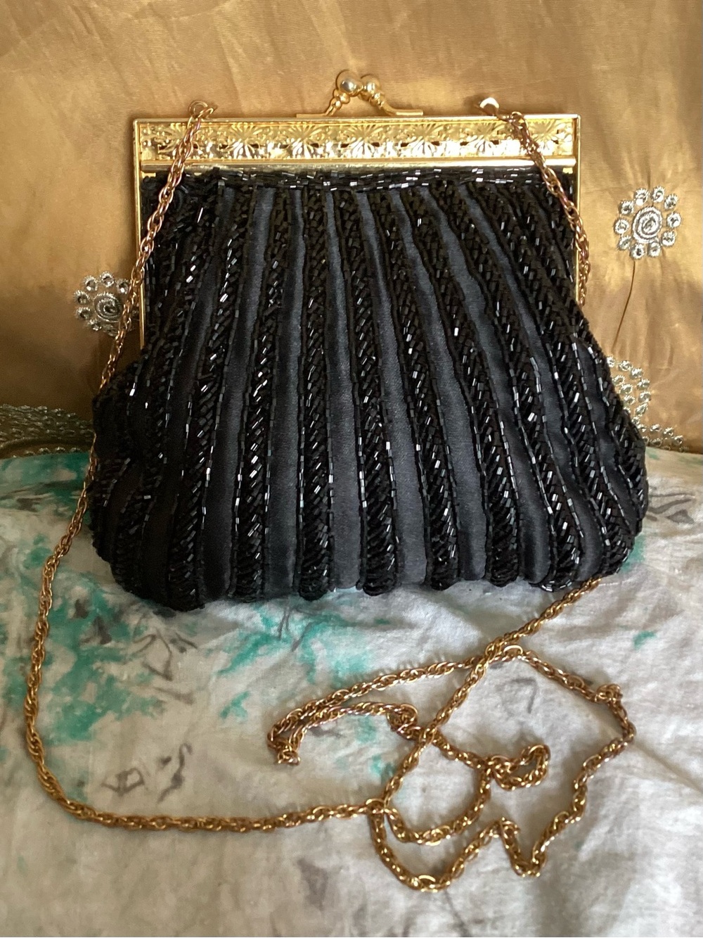 Vintage Black Beaded Evening Clutch with Gold Frame and Chain Strap